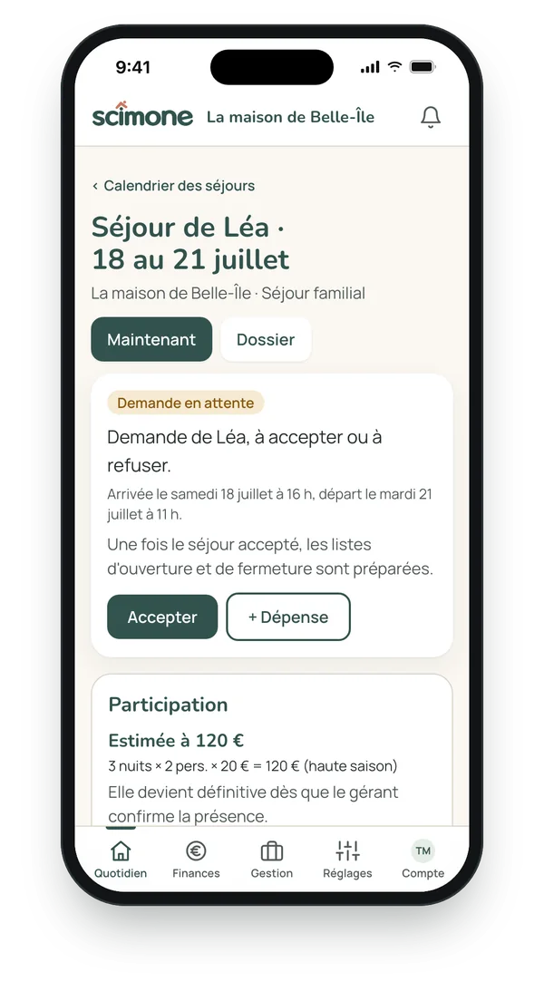 Demande de séjour de Léa du 18 au 21 juillet, avec le bouton Accepter et la participation estimée de 120 €.
