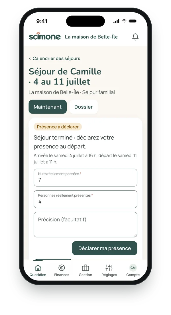 Fiche du séjour de Camille du 4 au 11 juillet : nuits et personnes présentes à déclarer au départ.